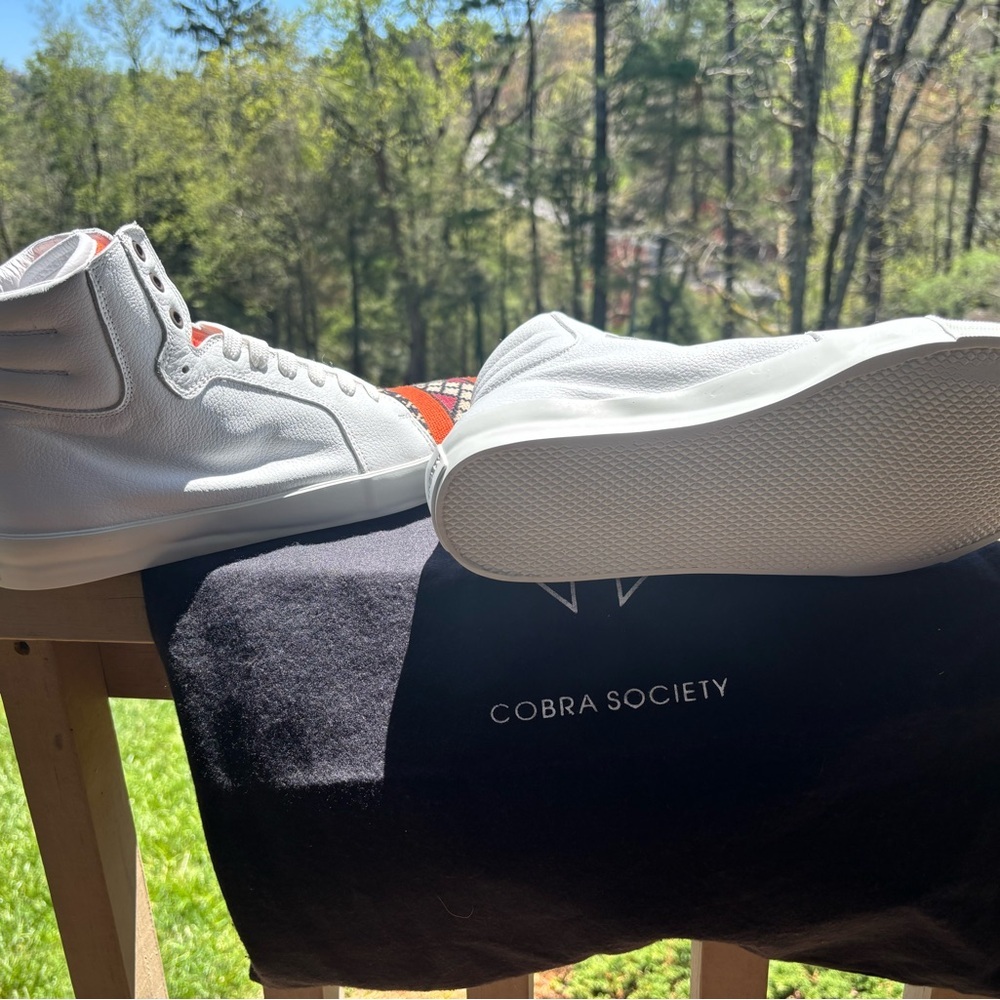 White and Orange High-Top Sneakers with Sporty Design - Picture 4 of 5